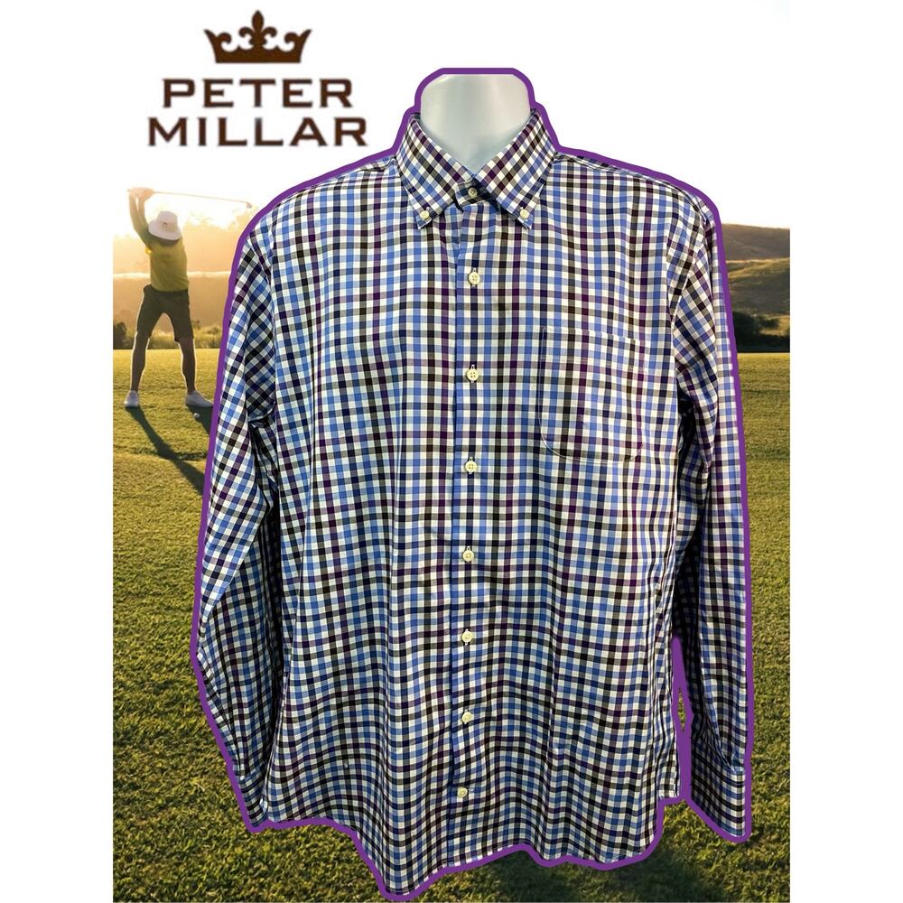 Peter Millar Mens Shirt Large Blue Purple Check Plaid Button Down Casual Golf